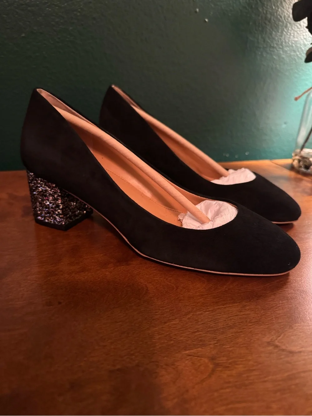 J. Crew Black Suede Pumps with Glitter Block Heel